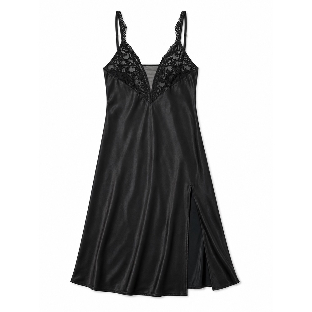 Vintage Victorias Secret Gold Label Black Satin Lace Trim Long Slip Dress Large
